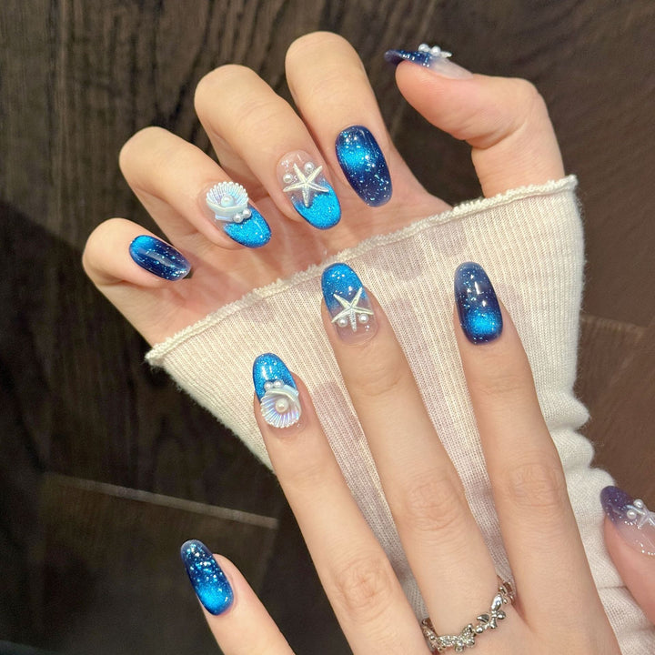 Ocean-Inspired Press-On Nail Set with Starfish and Shell Designs
