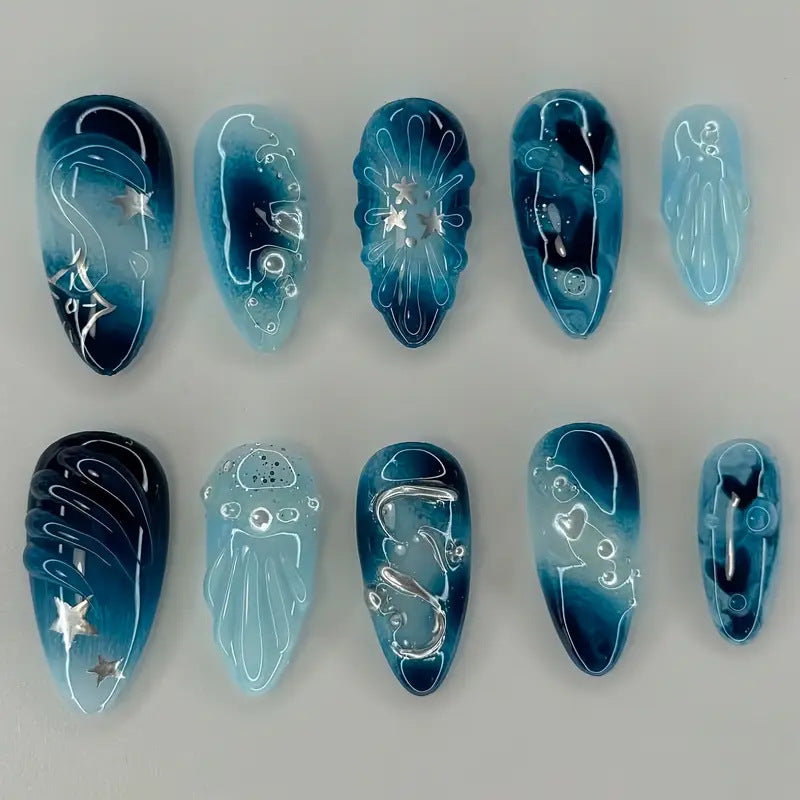 Artistic Ocean-Themed Press-On Nail Art Stornfield