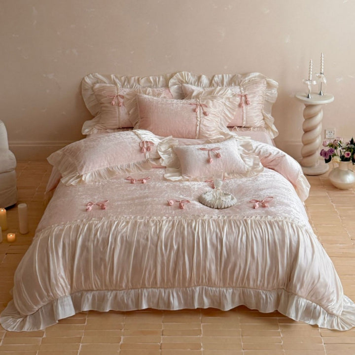 Romantic Ruffled Satin-Trimmed Duvet Cover Bedding Set with Bow Accents