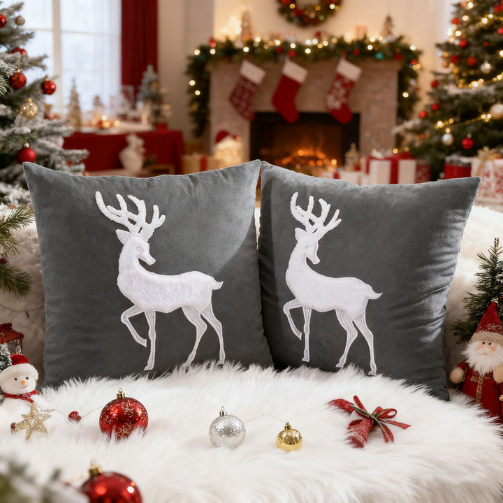 Velvet Embroidered Festive Accent Pillow Cover with Metallic Script