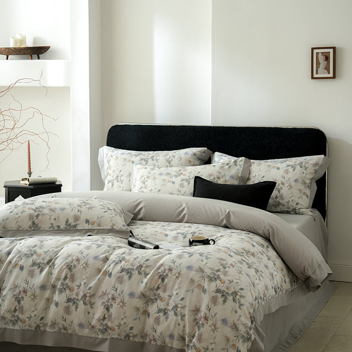Botanical-Print Washed Cotton Duvet Cover Set with Contrast Hem and Oxford Border Pillowcases