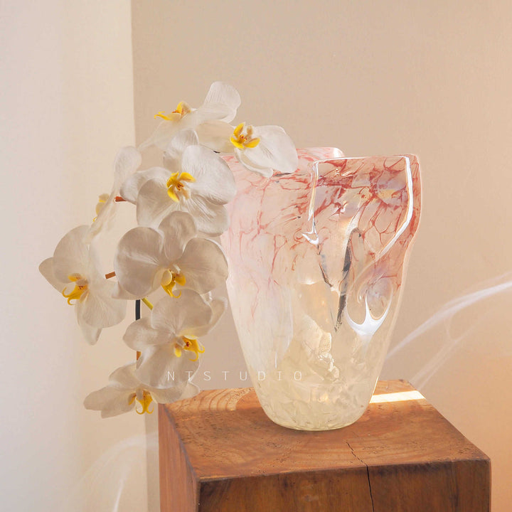 Handblown Marble-Effect Tall Sculptural Glass Vase with Organic Ruffled Rim Stornfield