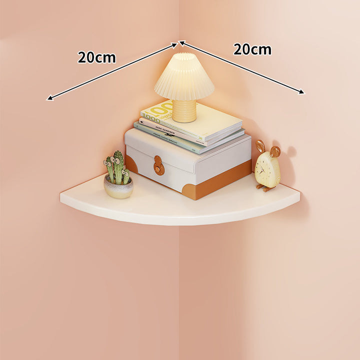 Corner Wall-Mounted Floating Shelf with Rounded Triangular Solid Wood Top and Metal Support Brackets