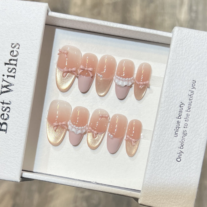 Elegant Press-On Nail Art Set with Pearl and Bow Accents Stornfield