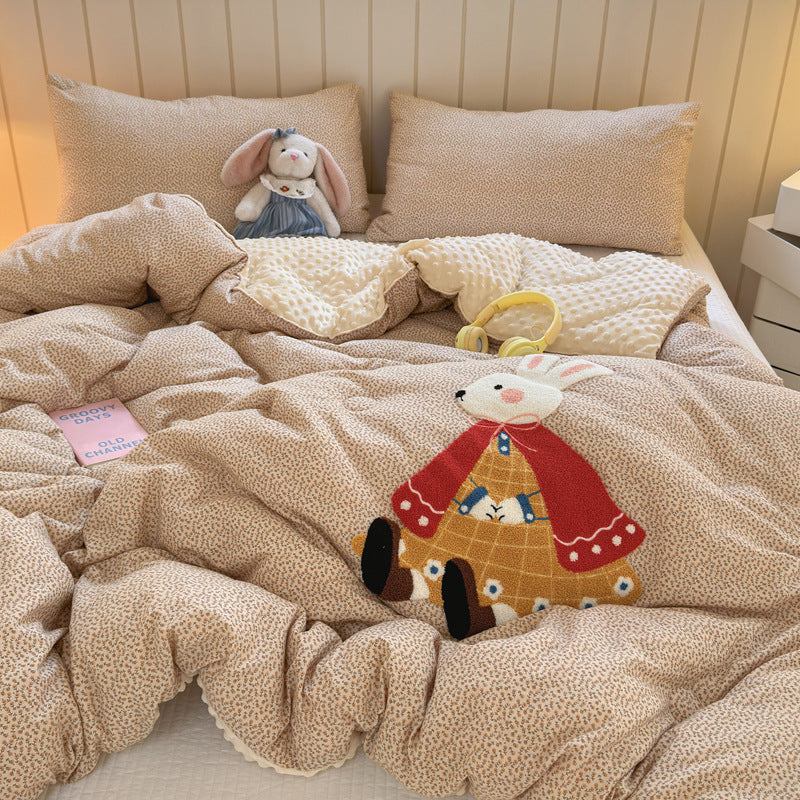 Plush Reversible Duvet Cover Set with Embroidered Rabbit Applique
