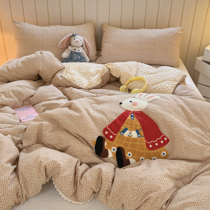 Plush Reversible Duvet Cover Set with Embroidered Rabbit Applique