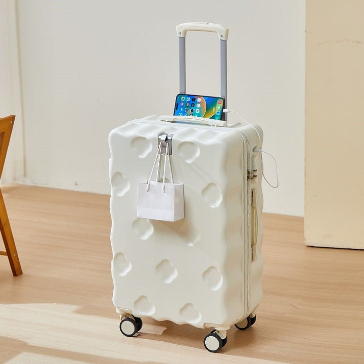 hard-shell carry-on suitcase with integrated foldable cup holder phone cradle USB charging port and external bag hooks Stornfield