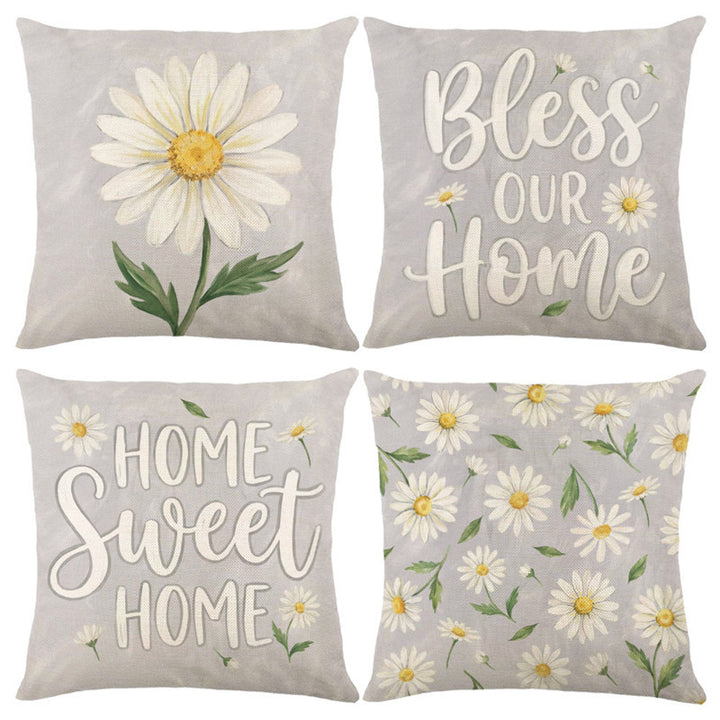 Botanical Linen-Texture Decorative Daisy Throw Pillow Cover