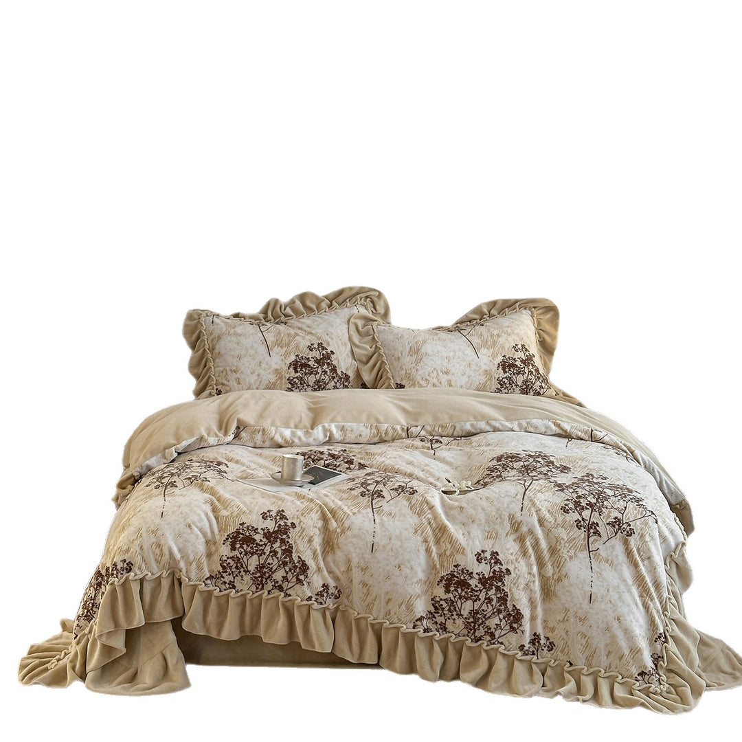 Floral Embroidered Ruffled Velvet-Trim Duvet Cover Set