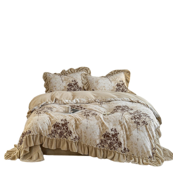 Floral Embroidered Ruffled Velvet-Trim Duvet Cover Set
