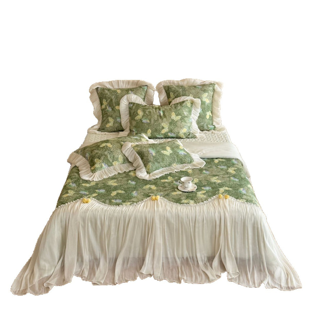 Romantic bedding set with chiffon bed skirt and butterfly print