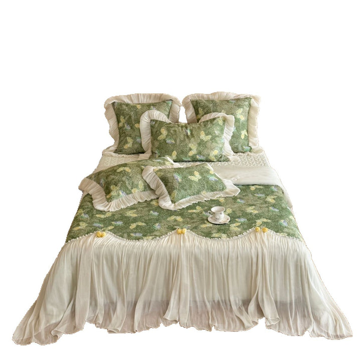 Romantic bedding set with chiffon bed skirt and butterfly print