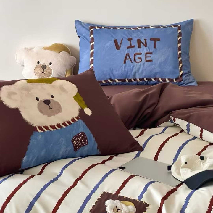 Cute Teddy Bear Cotton Duvet Cover Set with Striped Bedspread and Plush Pillowcase