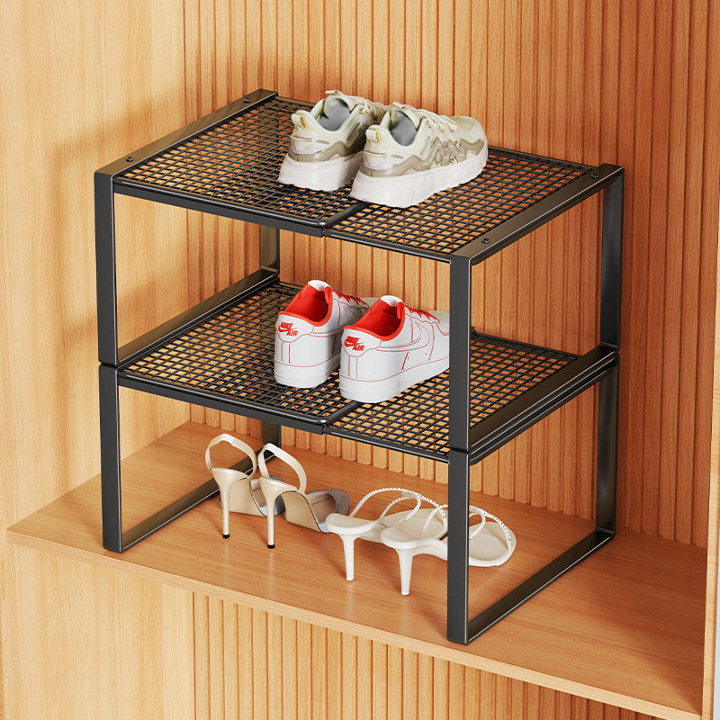 Multi-Tier Metal Mesh Shoe Storage Rack with Open Grid Shelves and Matte Frame