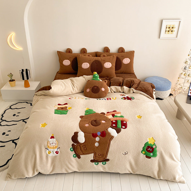 Plush Embroidered Fleece Comforter Bedspread Set with Cat Face Pillow Shams