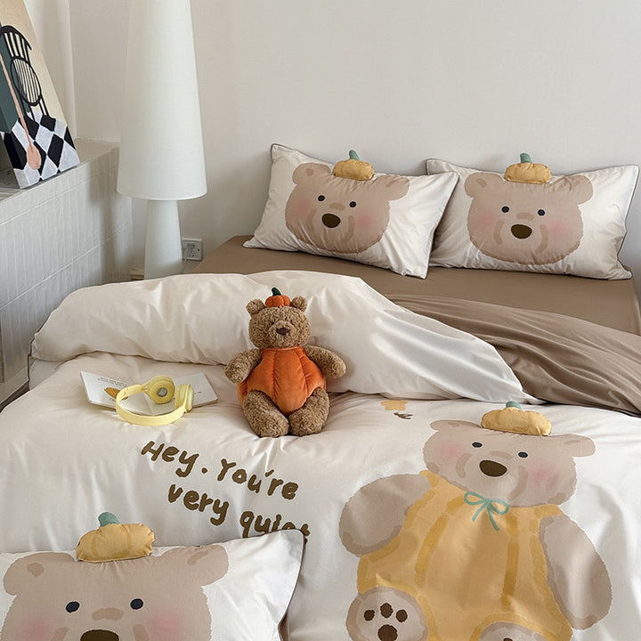 Children's Cartoon Bear Eggplant-Themed Duvet Cover Bedding Set with Pillowcases
