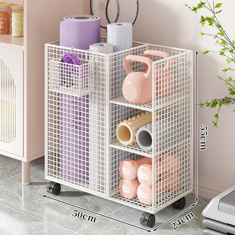 Mobile Wire Grid Home Gym Storage Tower with Multi-Compartment Shelves and Swivel Casters