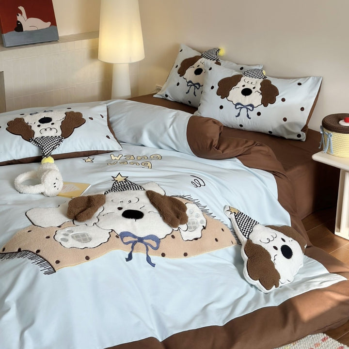 Cartoon Appliqué Plush Dog Reversible Duvet Cover Set with Decorative Pillowcases