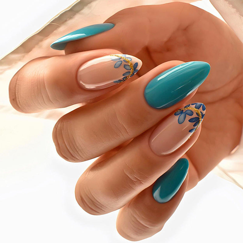 Artistic Press-On Nail Set with Floral and Leaf Designs Stornfield
