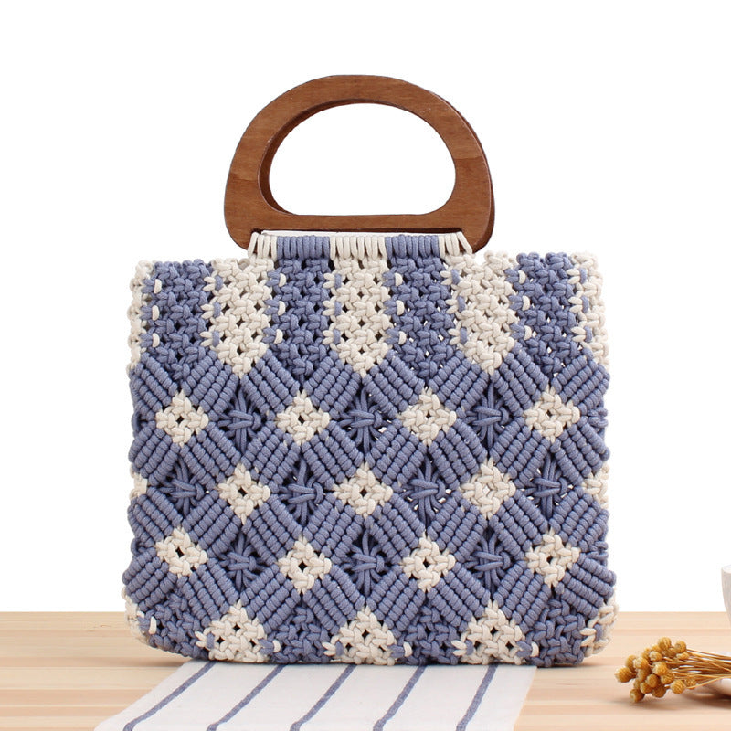 Macrame Tote Bag with Wooden Handles and Floral Details Stornfield
