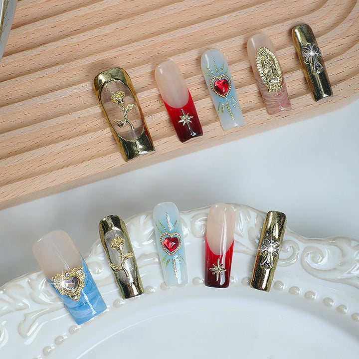 Artificial nail set with cherry motif and sparkling rhinestones Stornfield