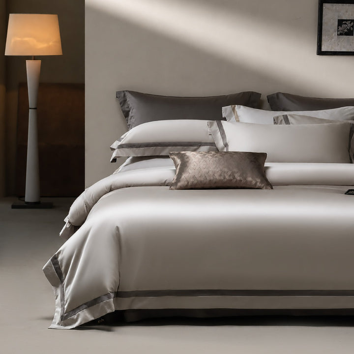 Luxury Two-Tone Cotton Sateen Duvet Cover Set with Double-Trim Border and Euro Shams