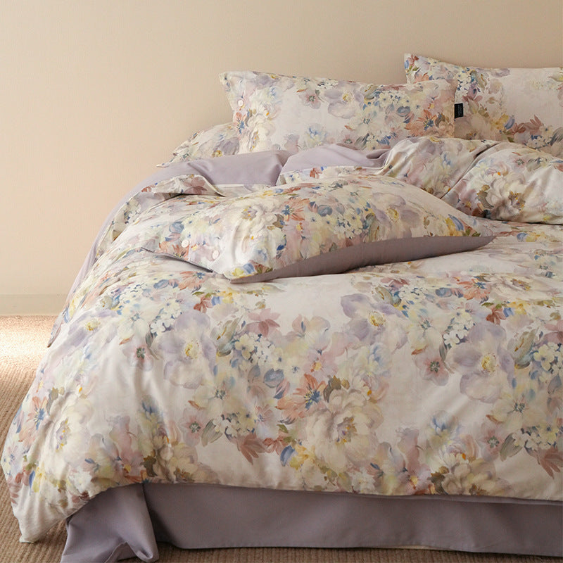 Floral Cotton Sateen Reversible Duvet Cover Set with Pillow Shams