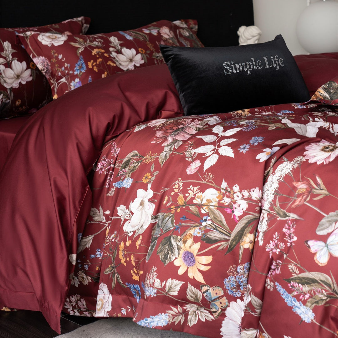 Meadow-Print Cotton Sateen Duvet Cover Set with Reversible Solid Back & Euro Shams