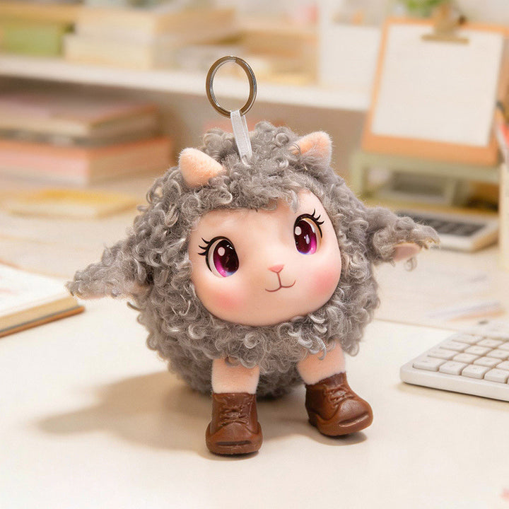 Plush Ram Keychain Charm with Curly Faux-Fur, Sculpted Face, Bell Necklace and Metal Ring Stornfield