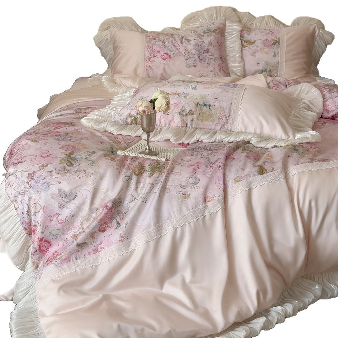 Romantic Vintage-Style Pleated Ruffle Duvet Cover Set with Floral Panel and Lace Inset