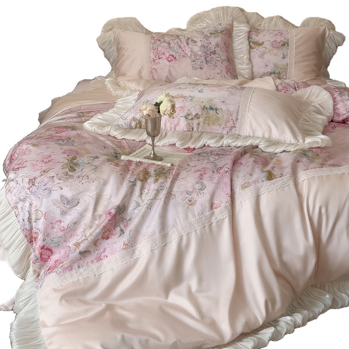 Romantic Vintage-Style Pleated Ruffle Duvet Cover Set with Floral Panel and Lace Inset