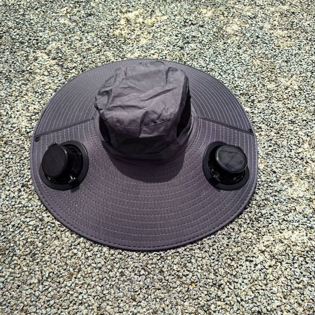 Ventilated sun hat with integrated solar fans and wide brim Stornfield