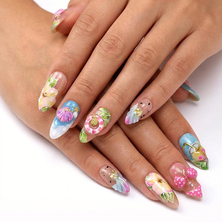 Artificial nail set with botanical designs and glamorous accents Stornfield