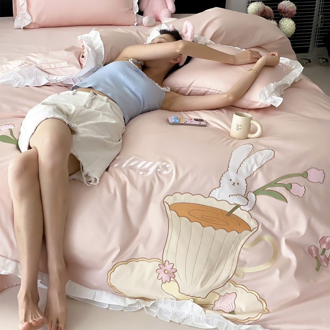Ruffled Satin-Feel Duvet Cover Set with Embroidered Bunny and Teacup Motif