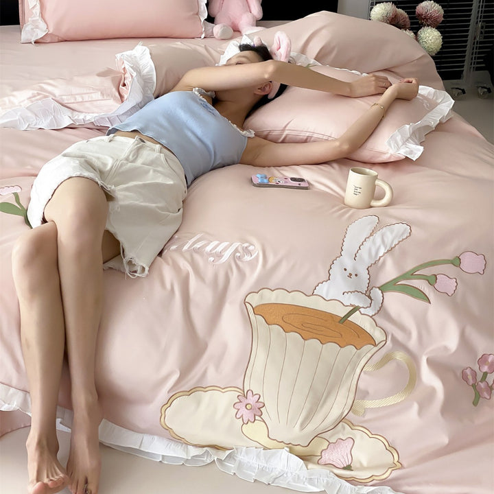 Ruffled Satin-Feel Duvet Cover Set with Embroidered Bunny and Teacup Motif