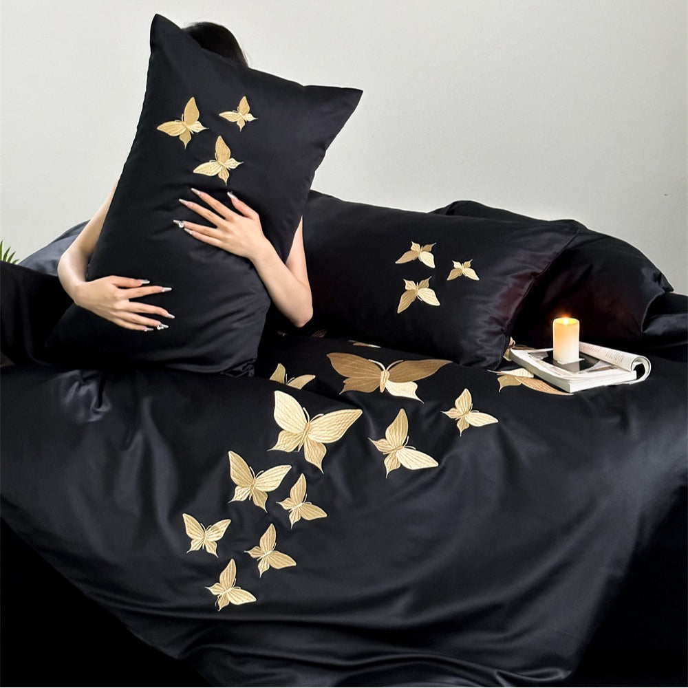 Luxury Cotton Sateen Duvet Cover Set with Gold Butterfly Embroidery
