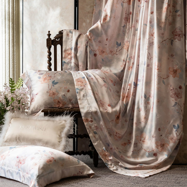 Silk-Effect Floral Satin Duvet Cover Set with Reversible Back & Hidden Zipper