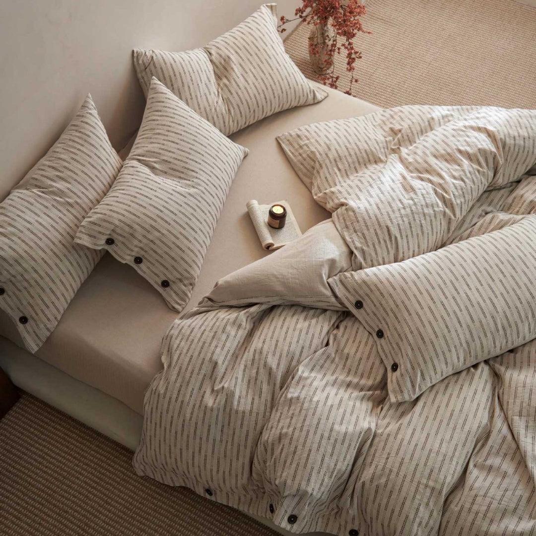 Button-Closure Striped Cotton-Linen Duvet Cover Set with Matching Pillowcases