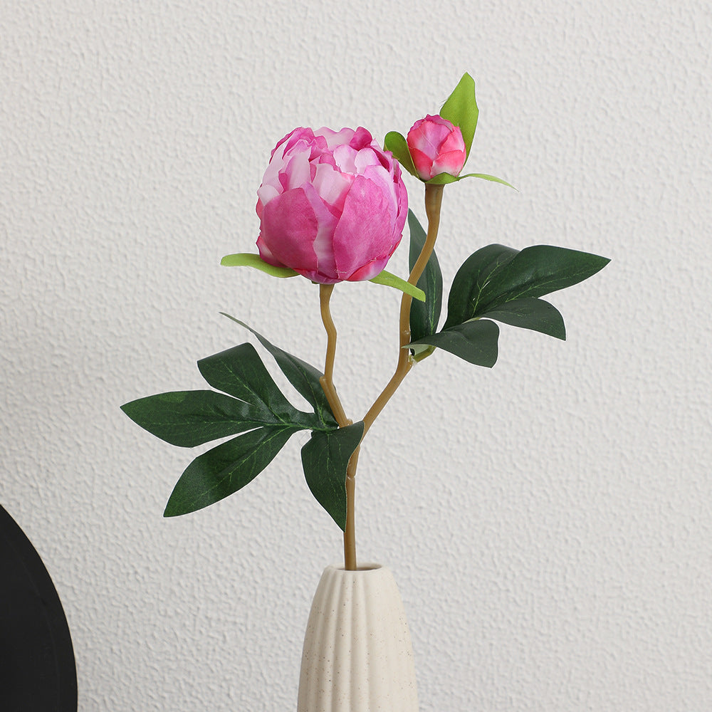 Artificial peony stem with lifelike flowers and leaves