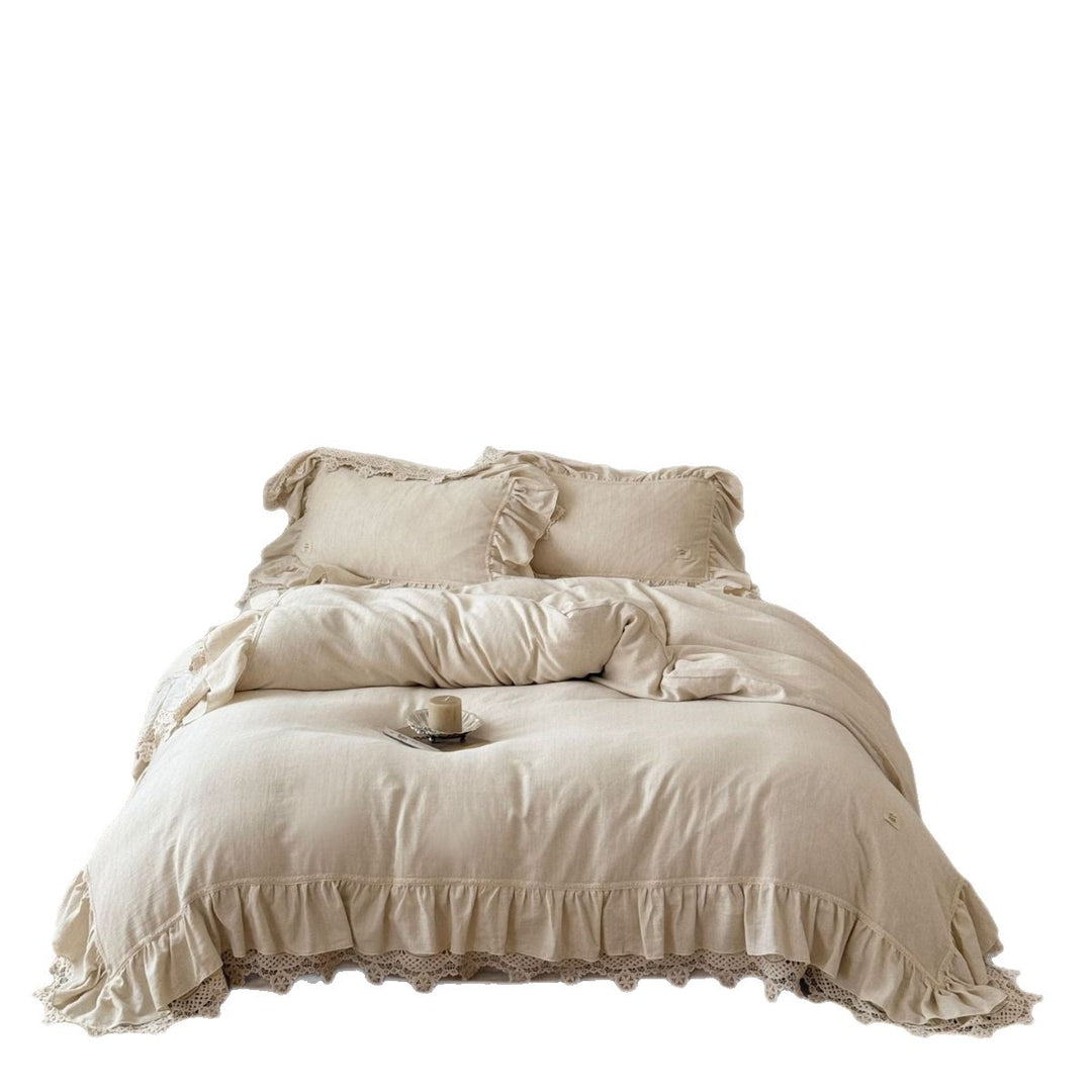 Linen bed cover set with ruffle and lace trim