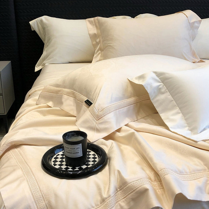 Premium bedding set made of cotton satin with subtle circle stitching and hotel closure