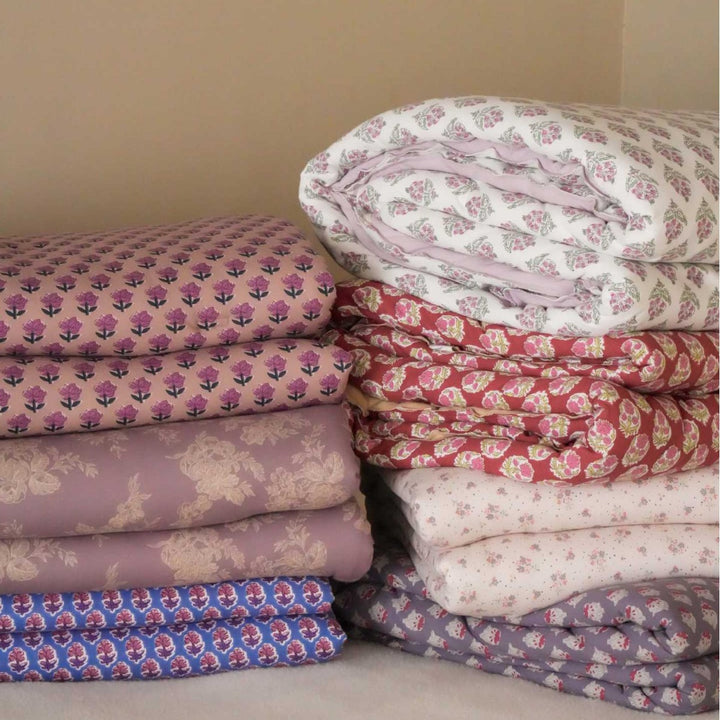 Floral Printed Cotton Duvet Cover Bedding Set with Reversible Lined Comforter Panel and Envelope Pillowcases