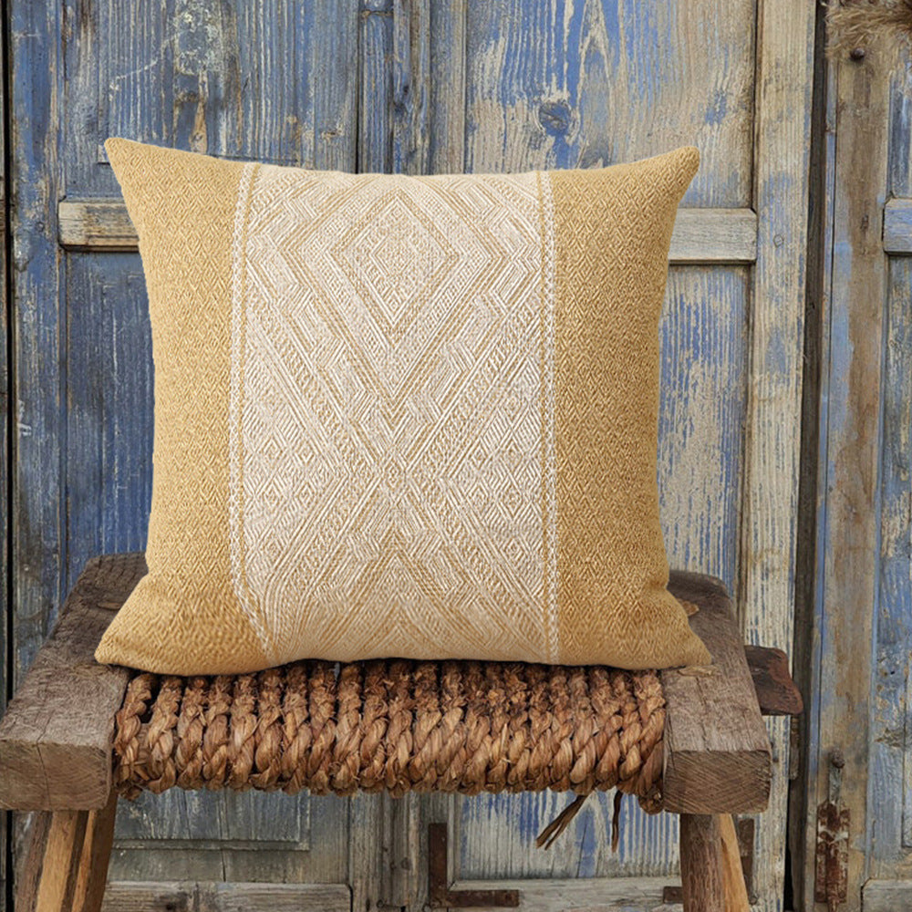 Square woven decorative cushion cover with central ethnic jacquard stripe and textured cotton blend