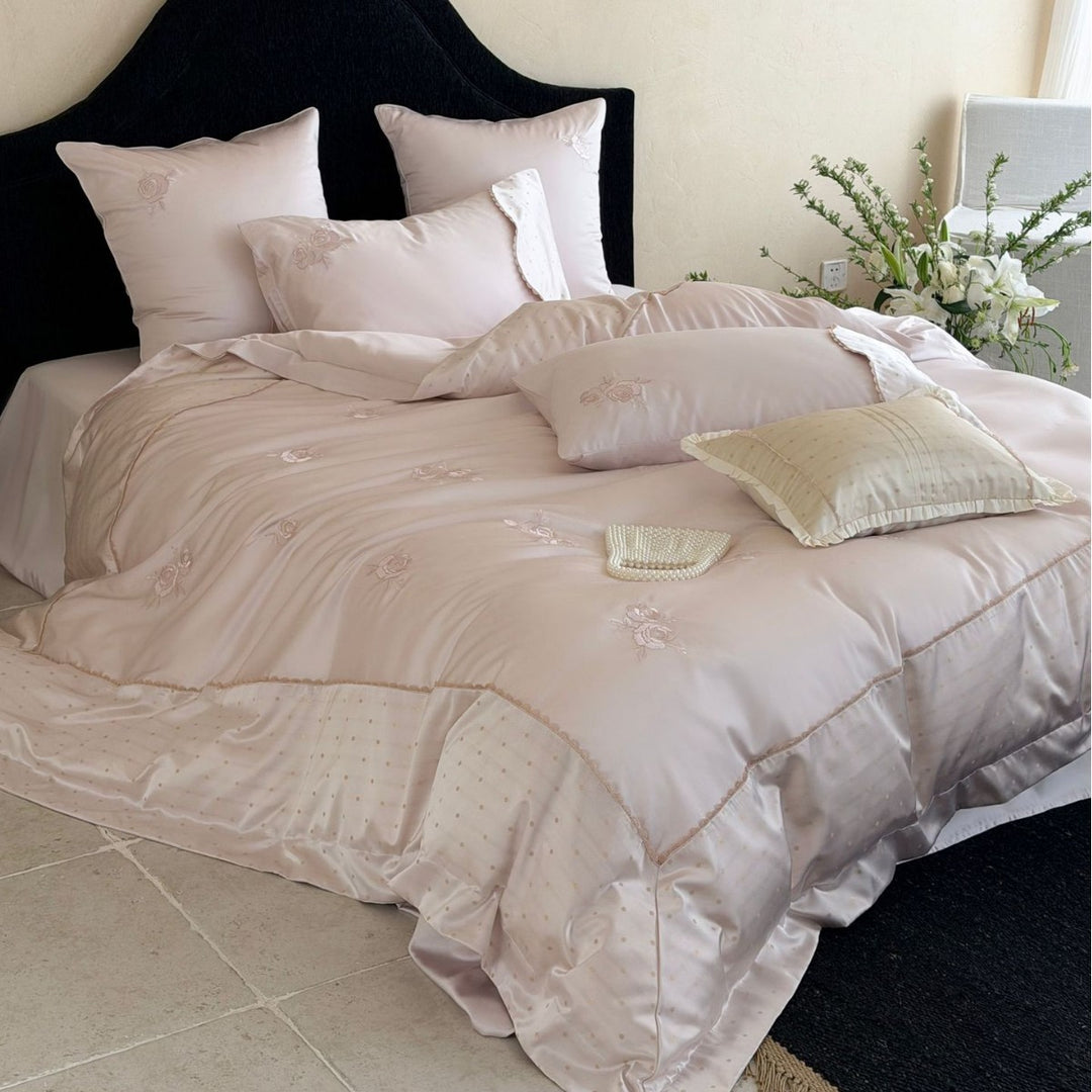 Embroidered Satin-Feel Duvet Cover & Comforter Set with Decorative Pillow Shams and Scalloped Edge