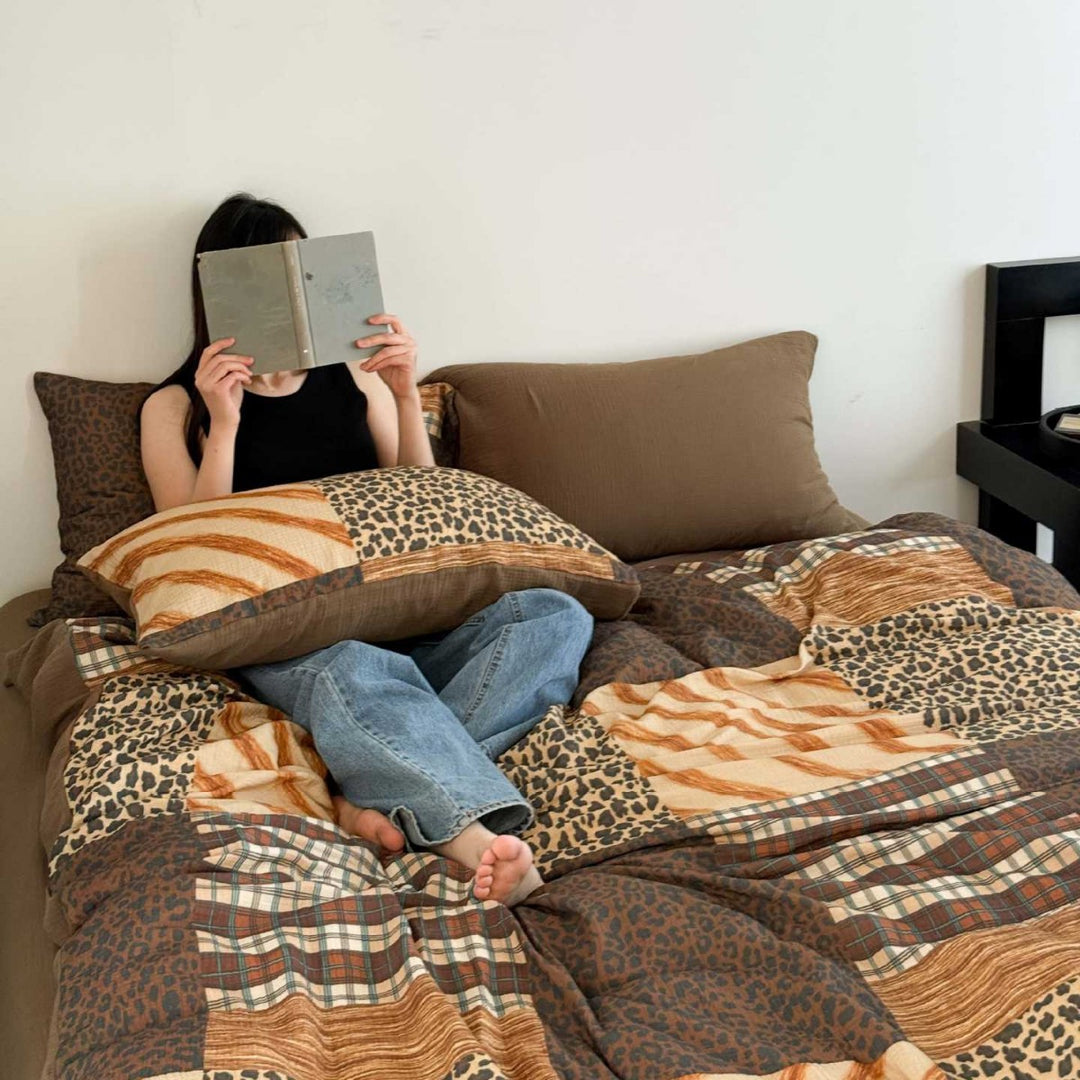 Patchwork Animal-Print Cotton Sateen Duvet Cover Set with Plaid Accents and Reversible Solid Back
