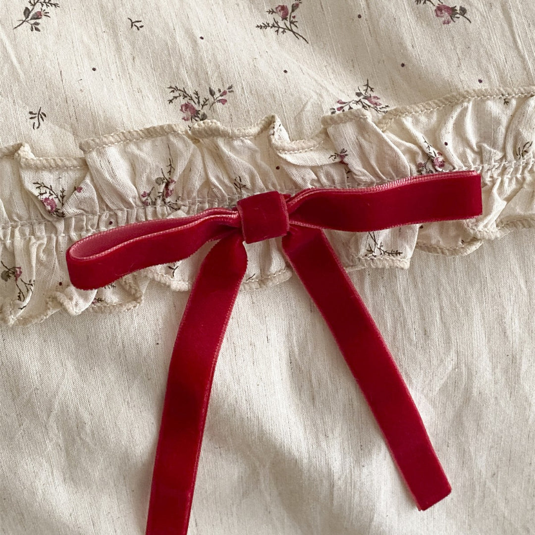 Ruffled Tiny Floral Cotton Duvet Cover Set with Red Ribbon Tie Accents