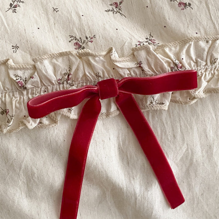 Ruffled Tiny Floral Cotton Duvet Cover Set with Red Ribbon Tie Accents