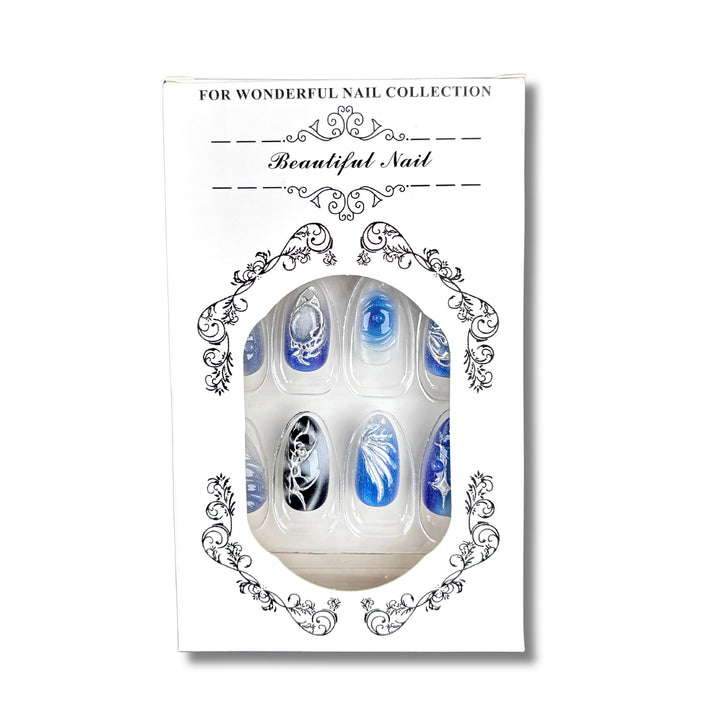 Artistic Press-On Nail Art Set with Elegant Blue Designs
