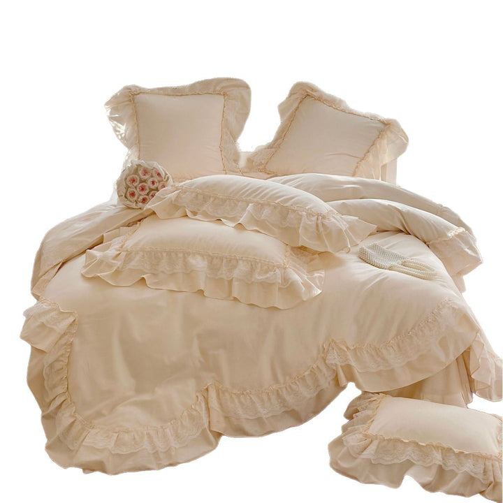 Ruffled Satin Duvet Cover and Pillowcase Set with Lace Trim