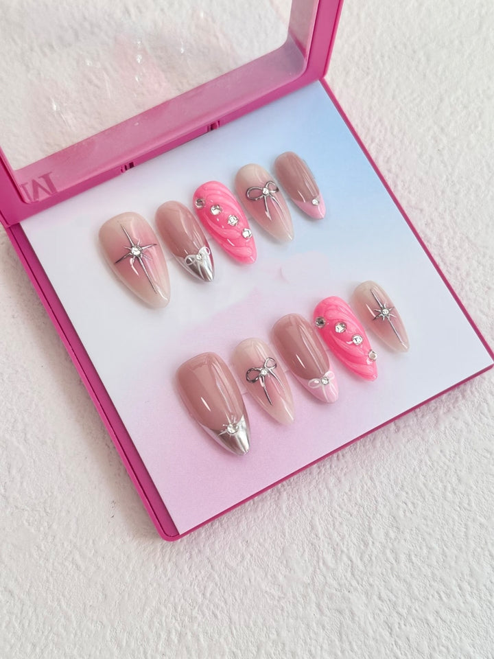 Luxury Press-On Nail Art Set with Decorative Gem and Bow Accents